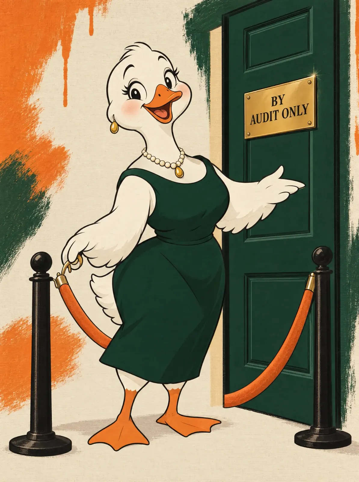 Cartoon goose smiling as she unhooks a velvet rope beside a door with a plaque reading 'By audit only'.