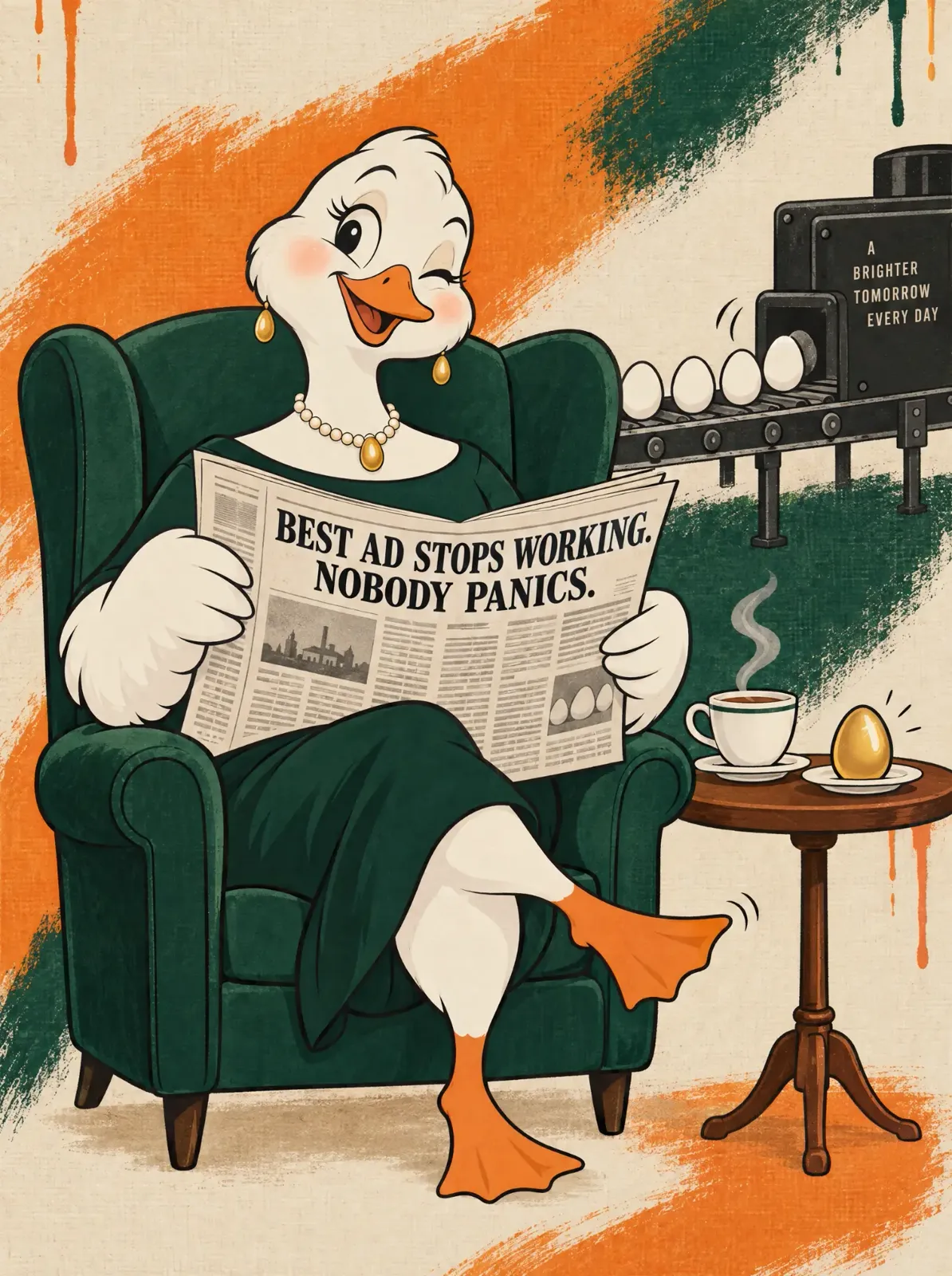 Cartoon goose in a green dress relaxing in an armchair, winking over a newspaper headlined 'Best ad stops working. Nobody panics.' while eggs roll out of a machine behind her.