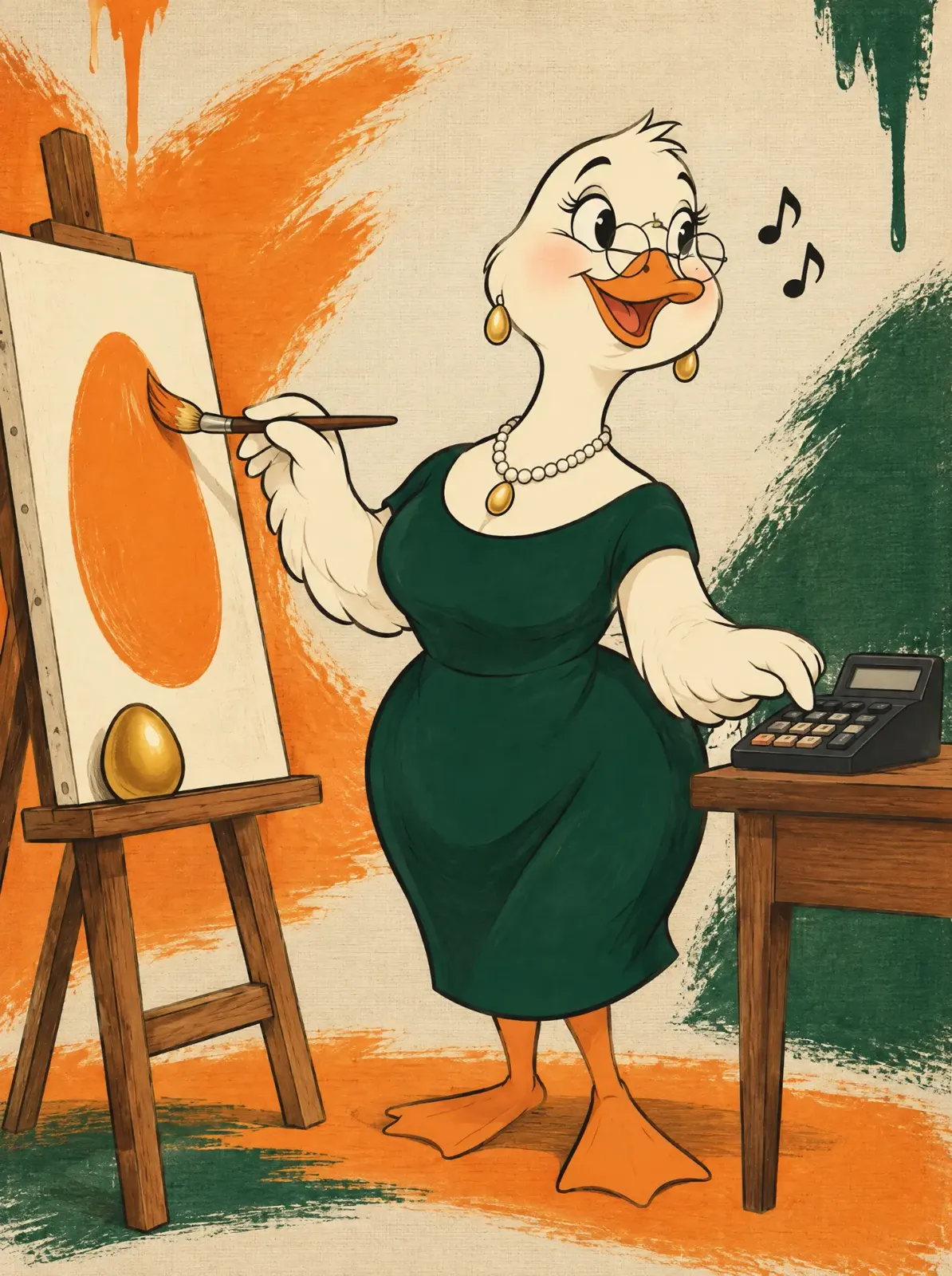 Cartoon goose painting an orange egg at an easel with one hand while using a calculator with the other.