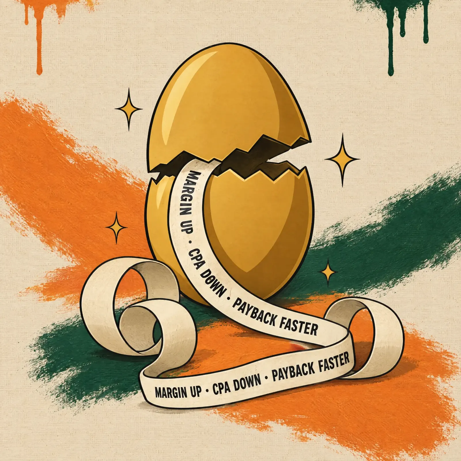 A cracked golden egg with ticker tape spilling out, printed: Margin up, CPA down, payback faster.